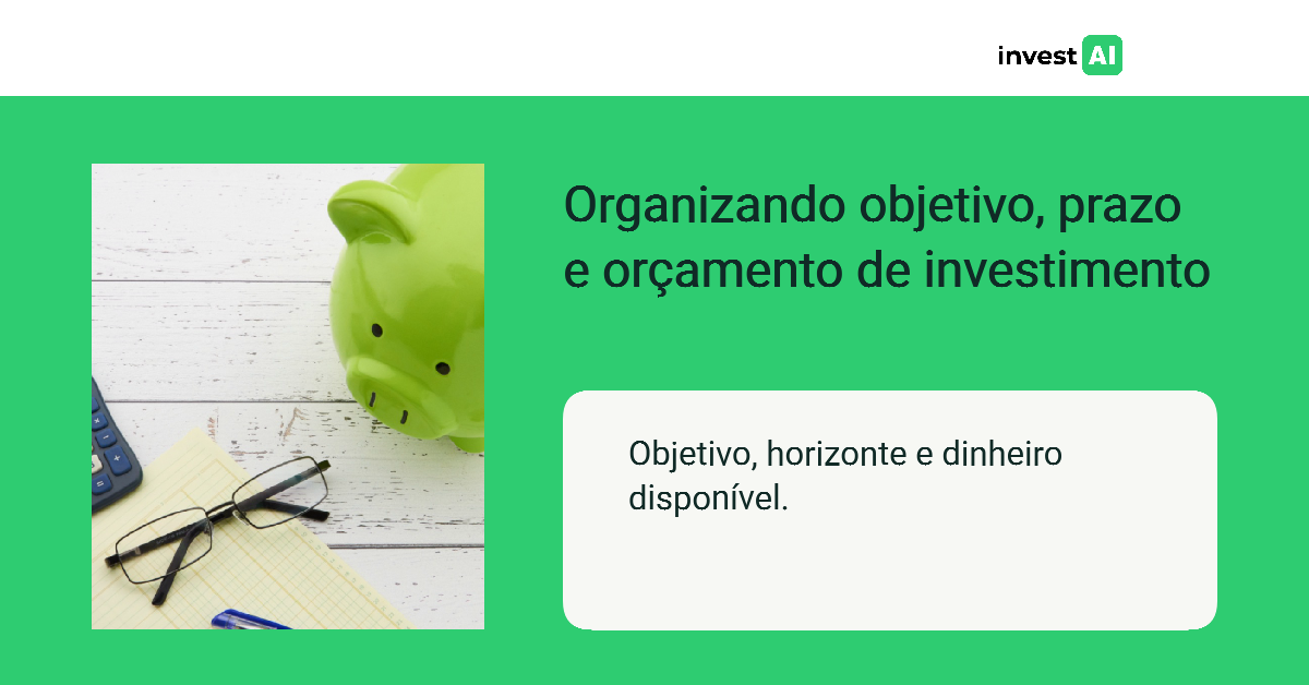 Composição da InvestAI com o título “Organizando objetivo, prazo e orçamento de investimento” e Cofrinho verde sobre mesa branca, com calculadora, óculos, bloco de notas e moedas.